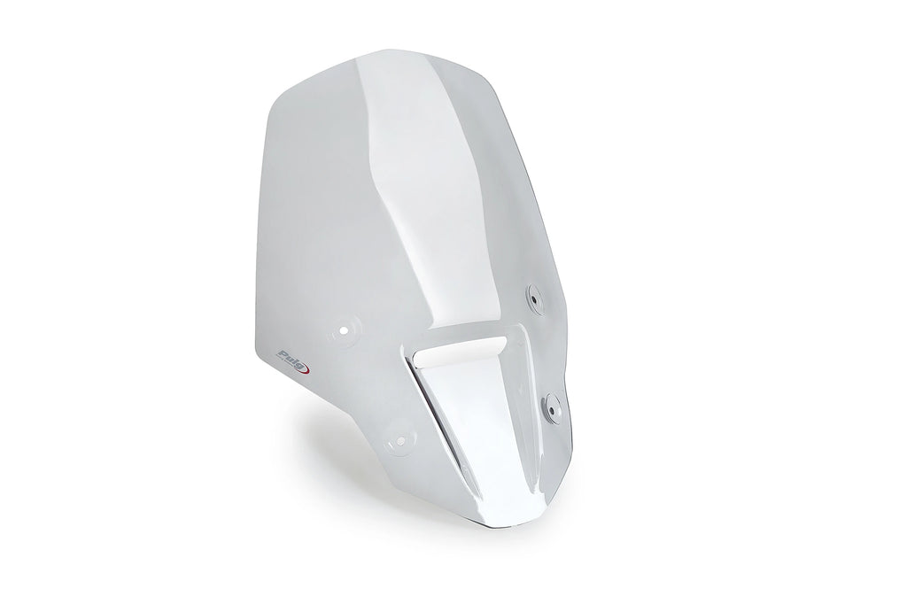 Clear PUIG touring windscreen for motorcycle, showing the transparent, curved windshield with mounting hardware visible.