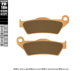 GALFER Sintered brake pads FD186G1371 for motorcycle brakes, showing the metal backing and friction material.