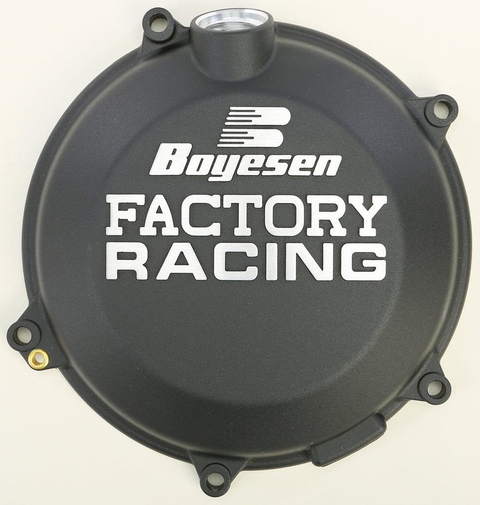 Boyesen Factory Racing Clutch Cover in black for motorcycles, featuring a sleek design and durable construction.