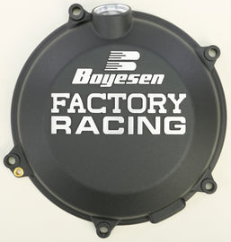 Boyesen Factory Racing Clutch Cover in black for motocross bikes, featuring a sleek design and durable construction.