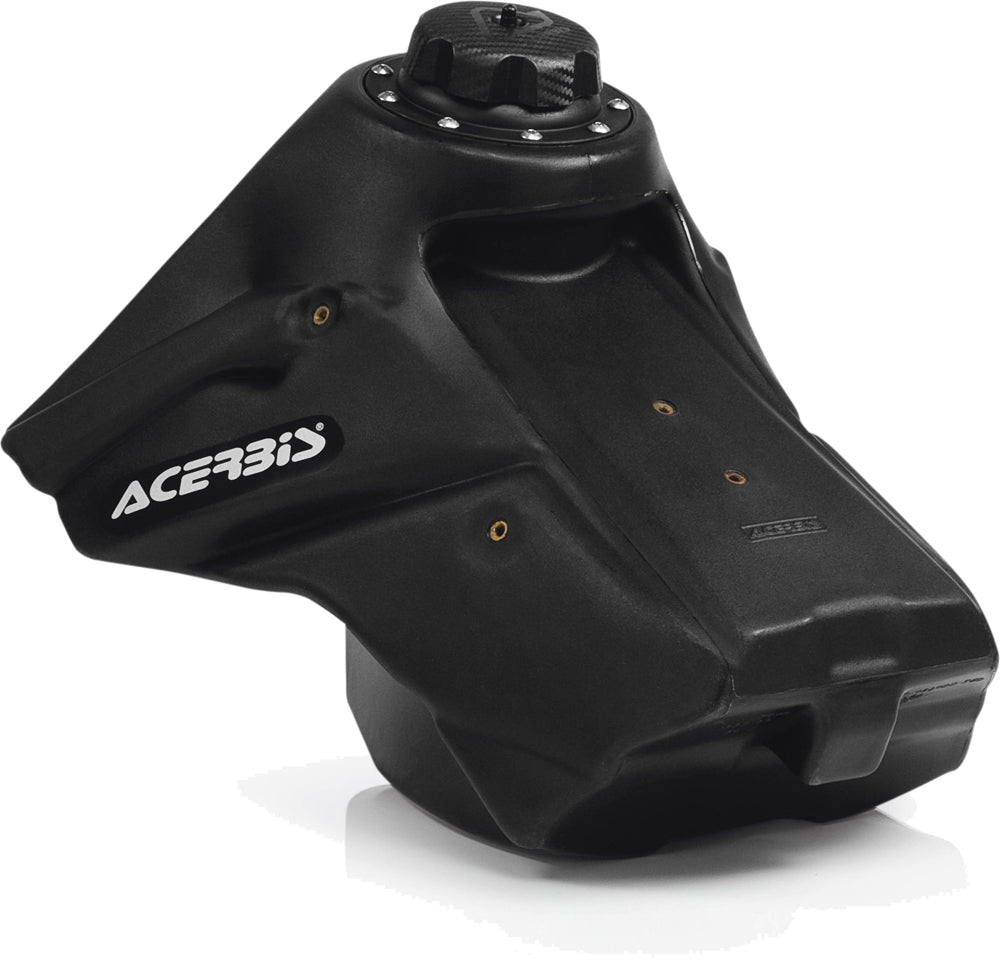 Black Acerbis fuel tank, 2.7 gallons, with a sleek design and durable construction, for motorcycle or off-road vehicle use.