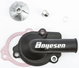 Boyesen waterpump cover and impeller kit in black, showing the assembled black cover and impeller for motorcycle or ATV.