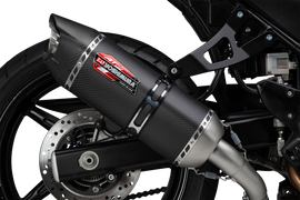 Yoshimura Exhaust Street AT2 stainless steel muffler with carbon fiber end cap, designed for motorcycle performance and style.