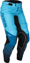 Load image into Gallery viewer, Fly Racing Women's Lite Pants in blue and black, size 05/06, shown on a model with close-up of the fabric and design details.