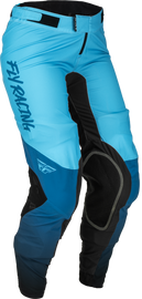 Fly Racing Women's Lite Pants in blue and black, size 05/06, shown on a model with close-up of the fabric and design details.