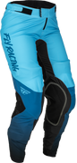 Fly Racing Women's Lite Pants in blue and black, size 05/06, shown on a model with close-up of the fabric and design details.