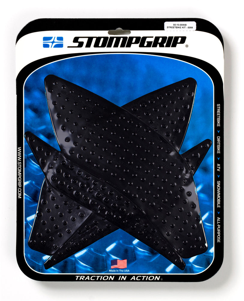 Stompgrip Tank Pad Kit Volcano Black for motorcycle body protection, featuring textured black rubber pads on a sleek surface.