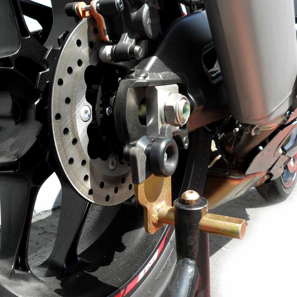 Black Shogun Industries Swingarm Sliders for motorcycle body protection, designed to absorb impact and prevent damage during falls.