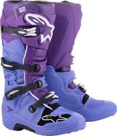 Alpine Star Tech 7 motocross boots in double purple and white, size 8, showing the sturdy design and ankle protection.