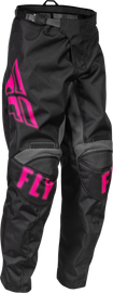 Fly Racing Youth F-16 Pants in black and pink, size 26, shown with adjustable waist and reinforced knee areas.