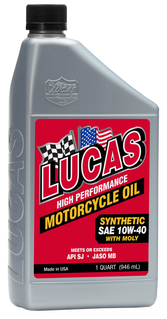 LUCAS Synthetic HP Oil W/Moly 10W40 quart bottle, part of a 6-pack, with a close-up of the oil container and label.