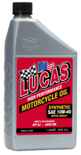 Load image into Gallery viewer, LUCAS Synthetic HP Oil W/Moly 10W40 quart bottle, part of a 6-pack, with a close-up of the oil container and label.