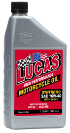 LUCAS Synthetic HP Oil W/Moly 10W40 container, 1 quart bottle, with label showing product details for automotive engine oil.