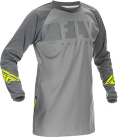 Fly Racing windproof grey and hi-vis jersey, lightweight and breathable, shown on a mannequin for motocross or outdoor riding.
