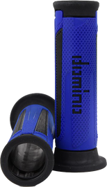 Pair of blue and black Domino Racing A350 Turismo grips for motorcycles, featuring textured rubber for enhanced grip.