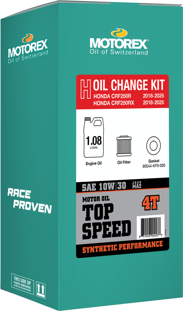 Motorex Top Speed Oil Change Kit 1.08L 10W/30 for Honda, featuring oil and related chemicals for vehicle maintenance