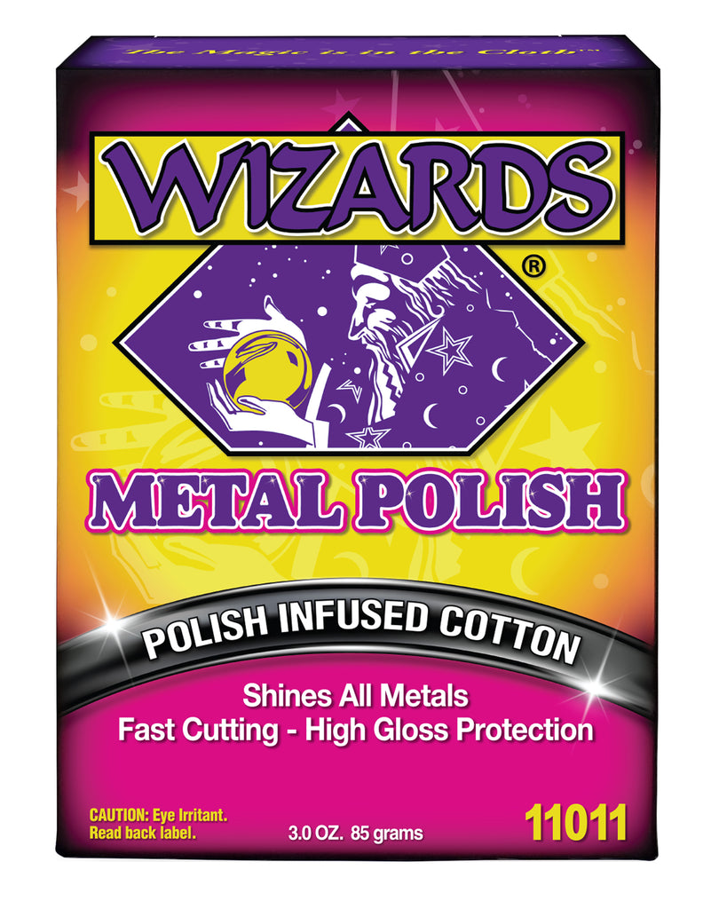 Wizards Products Metal Polish 3oz container, chemical cleaner for metal surfaces, shown with product label and packaging.