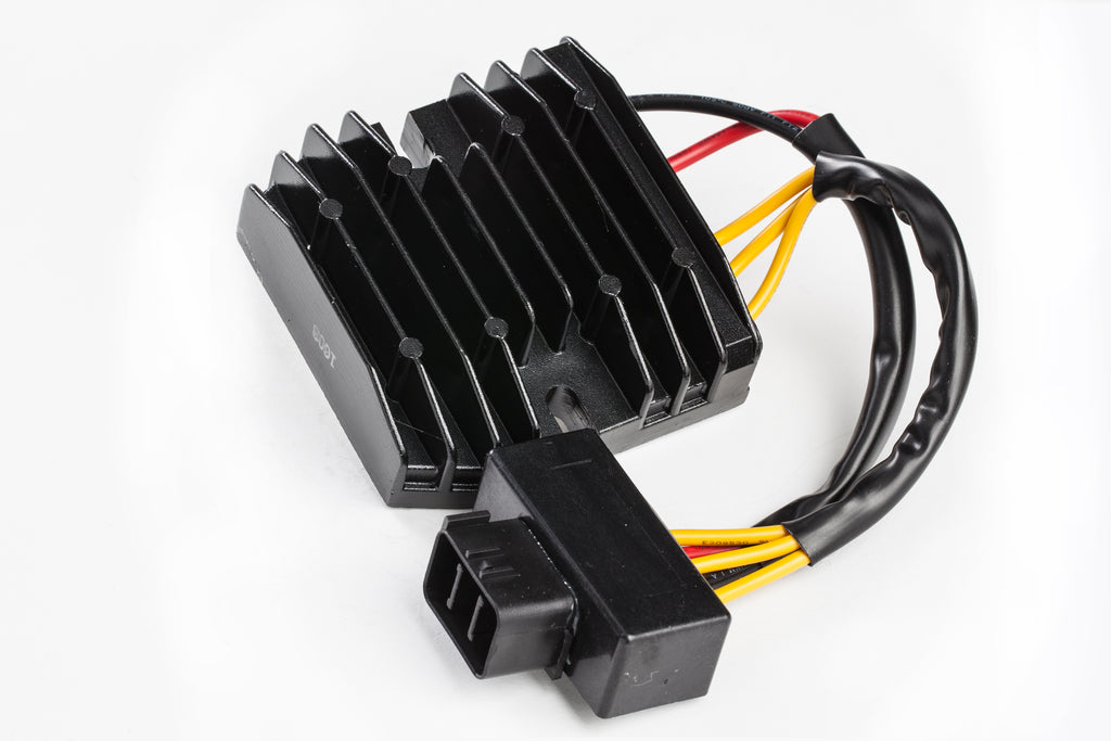 Ricks Motorsport Electric regulator and rectifier for motorcycle electrical systems, mounted on a vehicle.
