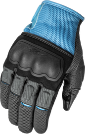 Fly Racing women's Coolpro Force gloves in grey and blue, large size, with padded palms and touchscreen fingertips.