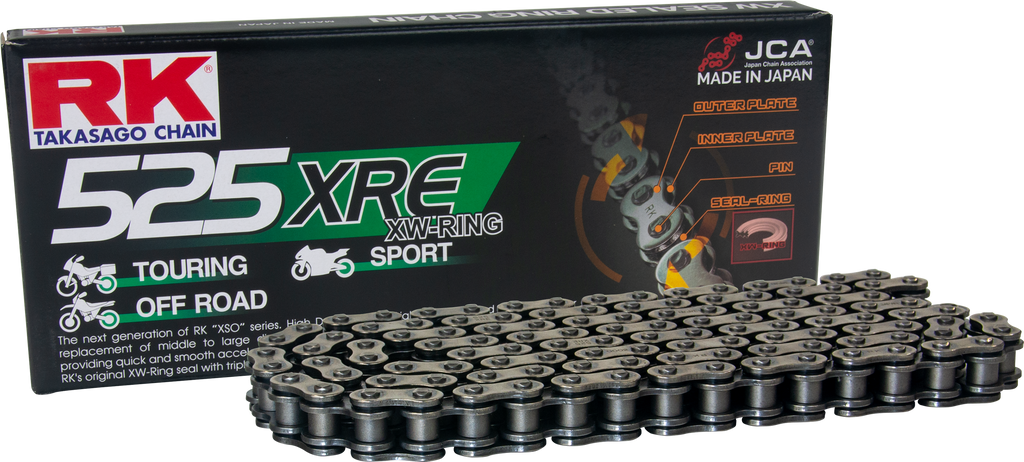 Excel Wheel components 525xre drive chain, showing a close-up of the 525 X 150 chain links and metal rollers.