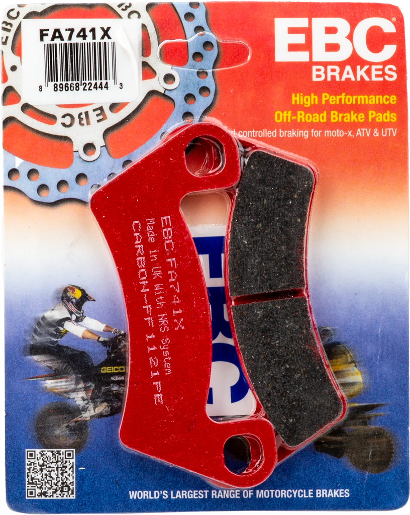 EBC Motorcycle Brakes Carbon X Series brake pads Fa741x with black friction material and metal backing plate for enhanced stopping power.