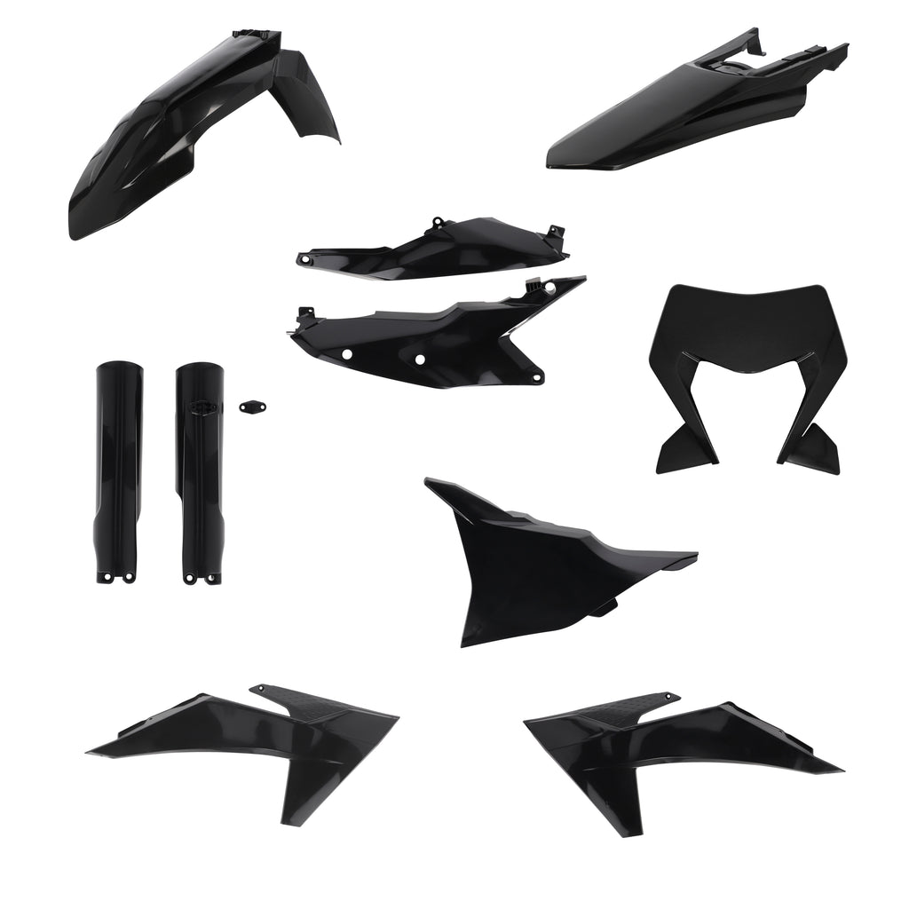 Acerbis black plastic body kit for KTM motorcycles, includes full set of durable body panels with sleek black finish.