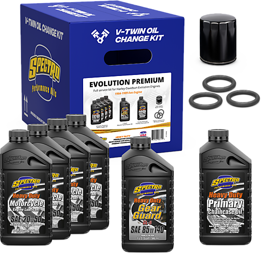Spectro V-Twin Full Oil Service Kit for Evo motorcycles, including oil bottles and filters, in a compact package.