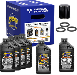 Spectro V-Twin Full Oil Service Kit for Evo motorcycles, including oil bottles and filters, in a compact package.