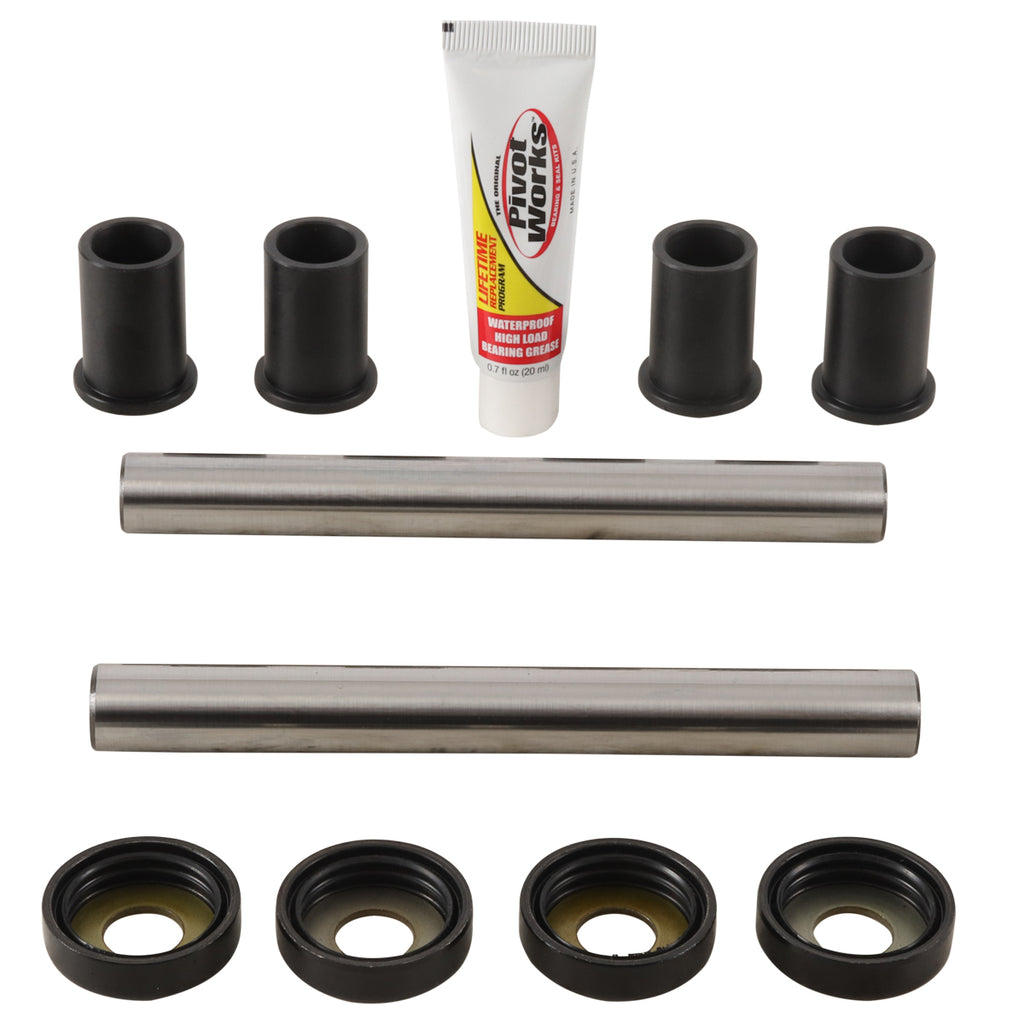 Pivot Works A-Arm Bearing Kit for Honda suspension, showing bearings and components arranged for easy installation.