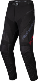 Alpine Star Pro-Dura motorcycle pants in black, magnet, and white, size 28, showing reinforced fabric and secure fit design.