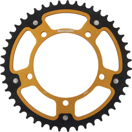 Supersprox rear Stealth aluminum and steel 47-tooth motorcycle sprocket for Hayabusa, Suzuki, and Triumph bikes, shown in gold finish.