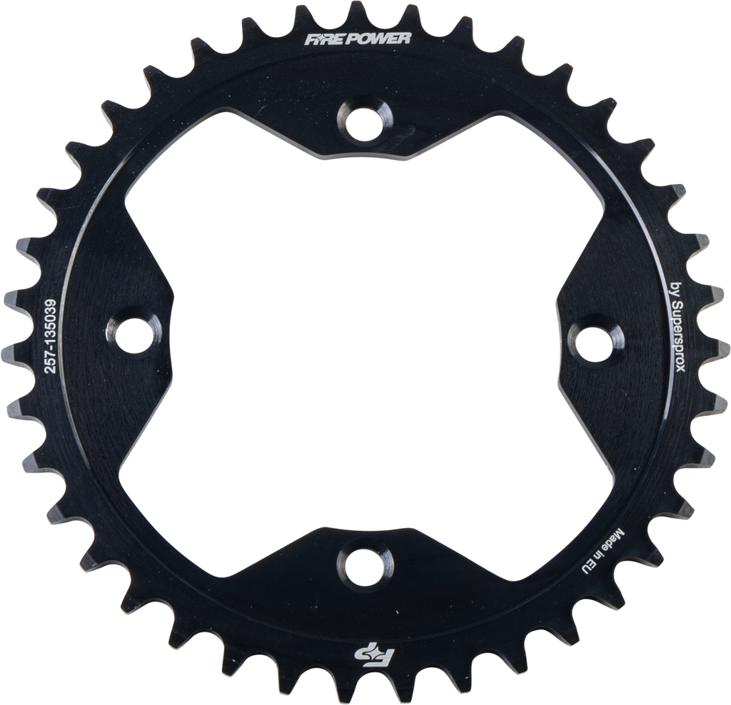 Steel Fire Power 39-tooth rear sprocket in black, designed for bicycle or motorcycle drivetrain, with visible teeth and mounting hole.