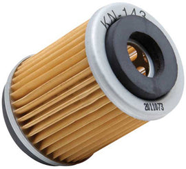 K&N Oil Filter 56-0143 showing a close-up of the cylindrical oil filter with branding and filter elements visible