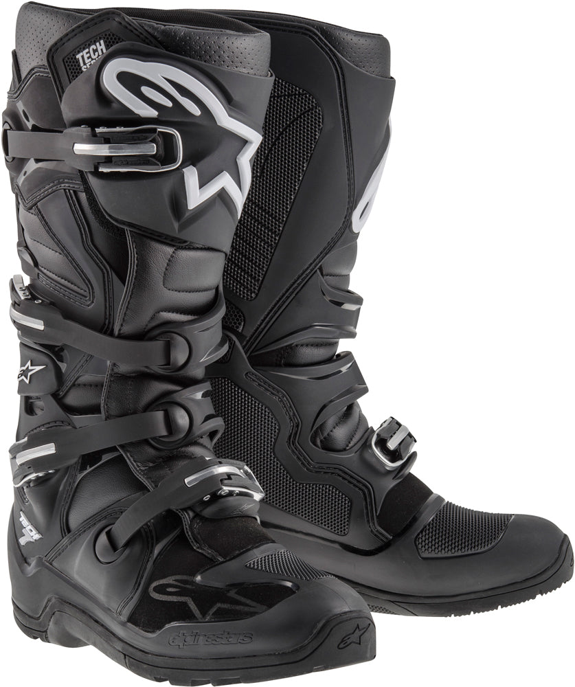 Alpine Star Tech 7 Enduro motorcycle boots in black, size 8, featuring durable construction and protective design.