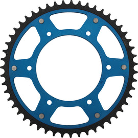Supersprox rear stealth aluminum and steel 51-tooth motorcycle sprocket for Husqvarna and KTM bikes, blue finish, 520 chain compatibility.