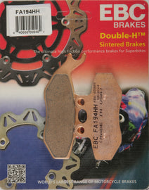 EBC Motorcycle Brakes brake pads 15-194H set with metal backing, designed for enhanced stopping power and durability.