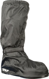 Black Fly Racing rain cover boots in XL size, showing waterproof material and secure fit for motorcycle riding protection.