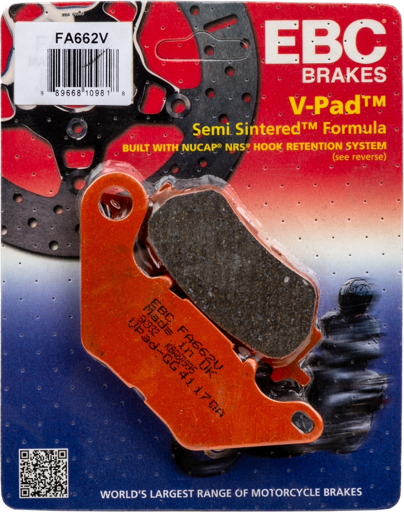 EBC Motorcycle Brakes Fa662v semi-sintered V Series brake pads for motorcycle braking systems, showing the brake pad detail and shape.