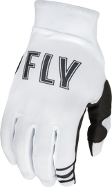 Fly Racing Pro Lite Gloves in white, size small, showing lightweight design and breathable fabric for motocross or biking.