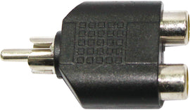 SP1 RCA jack dual splitter showing two RCA ports connected to an electrical device on a white background.
