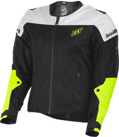 Fly Racing Flux Air Mesh Jacket in black and hi-vis, featuring lightweight mesh fabric and reflective details.