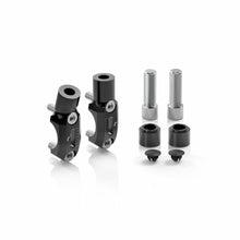Load image into Gallery viewer, RIZOMA Stealth Naked Mounting Kit in mirror black for Tri 58 motorcycle handlebars, with mounting hardware visible.