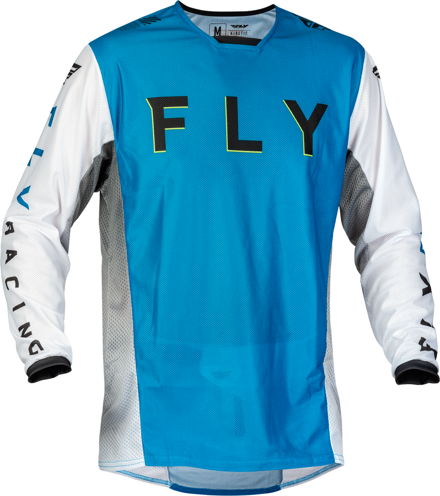 Fly Racing Kinetic Mesh Kore Jersey in blue, white, and hi-vis colors, shown with breathable mesh fabric and sporty fit.