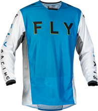 Load image into Gallery viewer, Fly Racing Kinetic Mesh Kore Jersey in blue, white, and hi-vis colors, shown with breathable mesh fabric and sporty fit.