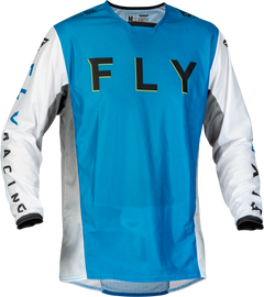 Fly Racing Kinetic Mesh Kore Jersey in blue, white, and hi-vis with breathable mesh fabric, suitable for motocross or cycling.
