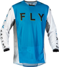 Fly Racing Kinetic Mesh Kore Jersey in blue, white, and hi-vis colors, shown with breathable mesh fabric and sporty fit.