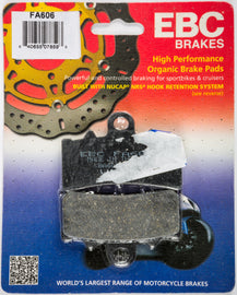 EBC Motorcycle Brakes Fa606 organic brake pads showing gray composite material with metal backing plates for motorcycle braking systems.