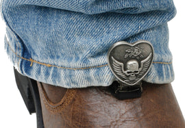 Ryder Clips accessories with heart and skull designs for stirrup and strap boots, size 26-7072, featuring decorative metal clips.