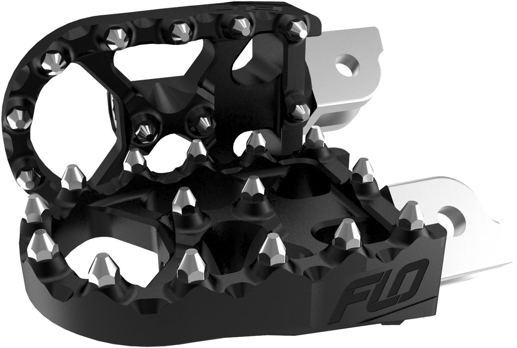 Flo Motorsports black Moto Style footpeg set for Softail with M8 mounts, featuring durable foot controls for motorcycle riding.