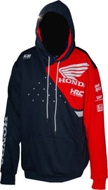 Navy DCOR Honda Team2 sweatshirt in XL size displayed on a hanger, showcasing the casual fit and design details.